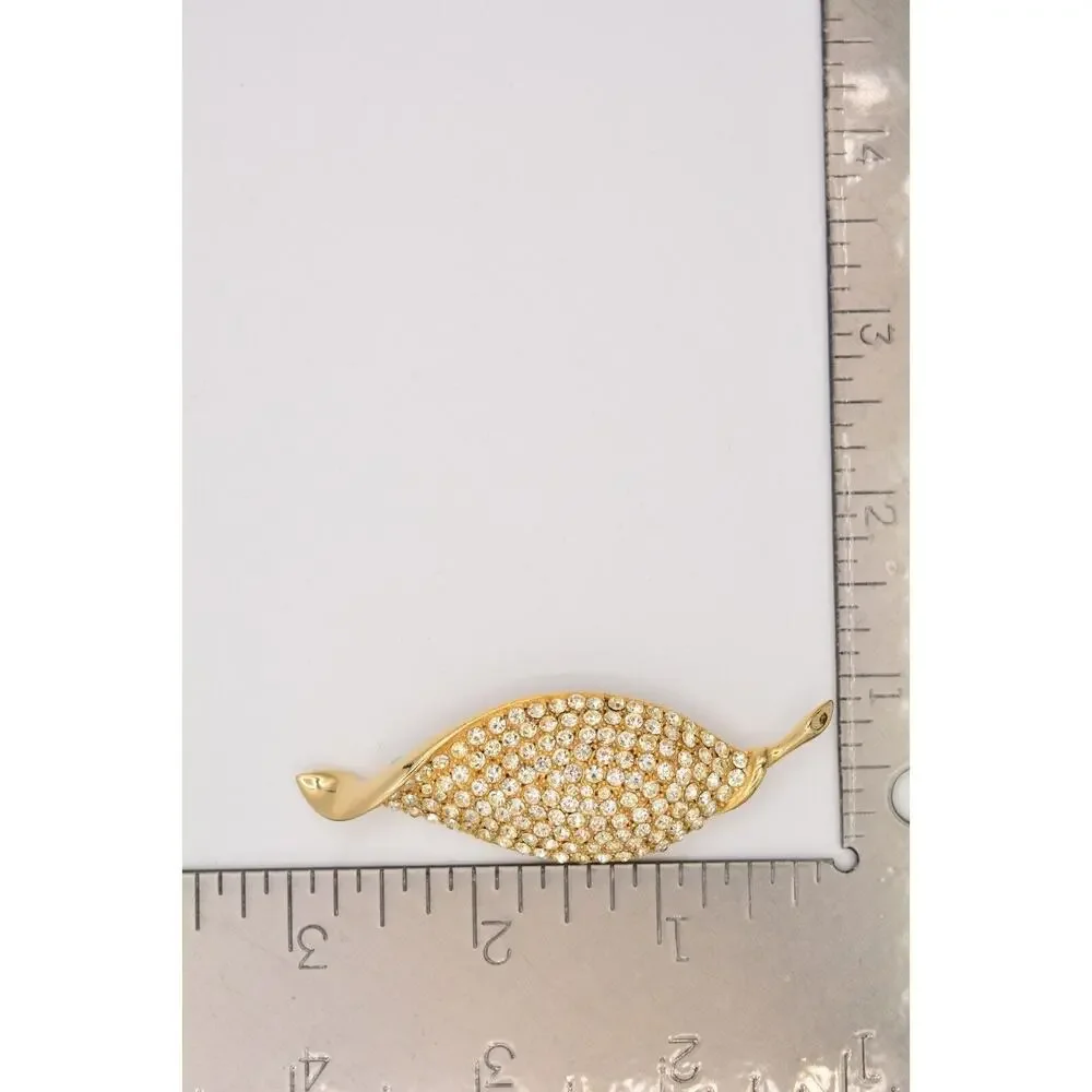 Weiss Vintage Leaf Pin Brooch Rhinestone Crystal Gold Sparkling Signed Bin5A